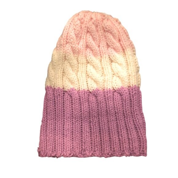 Hand Knit Toddlers Winter Hat Cable Knit in LavenderPinkWhite Size 46 - Picture 2 of 3